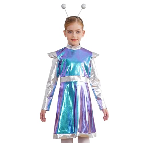 Loodgao Mädchen Alien Cosplay Kostüm Metallic Langarm Kleid Farbblock Partykleid mit Glitzer Kugel Stirnband Weltall Raumfahrt Outfits Blau 134-140 von Loodgao