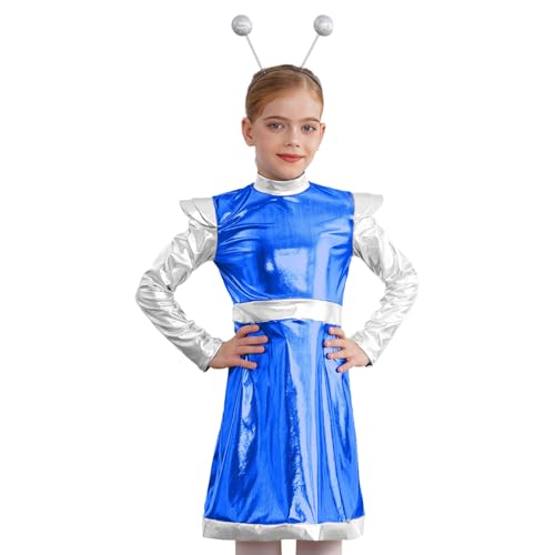 Loodgao Mädchen Alien Cosplay Kostüm Metallic Langarm Kleid Farbblock Partykleid mit Glitzer Kugel Stirnband Weltall Raumfahrt Outfits Königsblau 122-128 von Loodgao