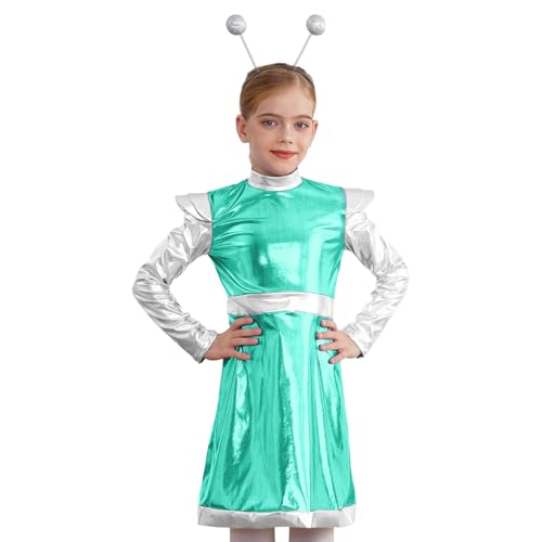 Loodgao Mädchen Alien Cosplay Kostüm Metallic Langarm Kleid Farbblock Partykleid mit Glitzer Kugel Stirnband Weltall Raumfahrt Outfits Minzgrün 122-128 von Loodgao