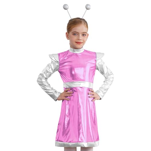 Loodgao Mädchen Alien Cosplay Kostüm Metallic Langarm Kleid Farbblock Partykleid mit Glitzer Kugel Stirnband Weltall Raumfahrt Outfits Rosa 134-140 von Loodgao