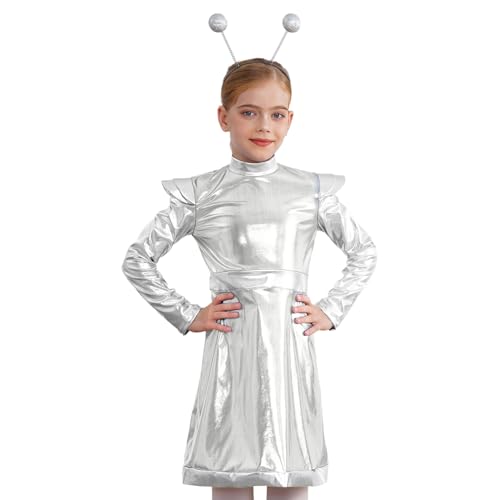 Loodgao Mädchen Alien Cosplay Kostüm Metallic Langarm Kleid Farbblock Partykleid mit Glitzer Kugel Stirnband Weltall Raumfahrt Outfits Silber 110-116 von Loodgao