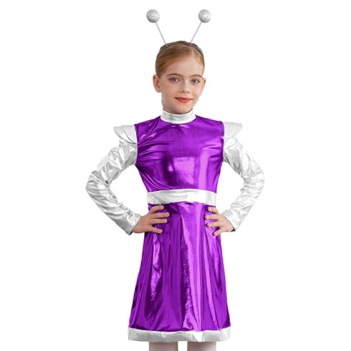 Loodgao Mädchen Alien Cosplay Kostüm Metallic Langarm Kleid Farbblock Partykleid mit Glitzer Kugel Stirnband Weltall Raumfahrt Outfits Violett 110-116 von Loodgao