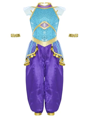 Loodgao Mädchen Bauchtanz Jumpsuit Overall mit Metallic Armbändern Pailletten Satin Hosenanzug mit Rüschen Arabische Prinzessin Tanzkostüm Blau 110-116 von Loodgao