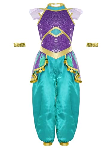 Loodgao Mädchen Bauchtanz Jumpsuit Overall mit Metallic Armbändern Pailletten Satin Hosenanzug mit Rüschen Arabische Prinzessin Tanzkostüm Violett 134-140 von Loodgao