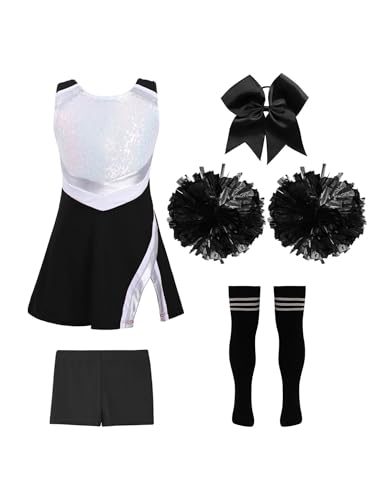 Loodgao Mädchen Cheeleading Kostüm Pailletten Kleid mit Pompons Sport Streifen College Strümpfe Sportsocken + Shorts + Bowknot Haargummi Halloween Outfits A Schwarz-Weiß 110-116 von Loodgao