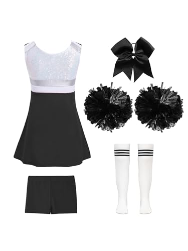 Loodgao Mädchen Cheeleading Kostüm Pailletten Kleid mit Pompons Sport Streifen College Strümpfe Sportsocken + Shorts + Bowknot Haargummi Halloween Outfits A Weiß&Schwarz 122-128 von Loodgao