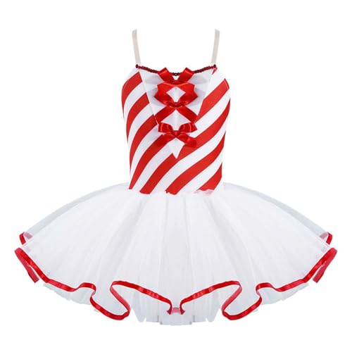 Loodgao Mädchen Weihnachten Zuckerstange Streifen Kleider Ballett Tanz Eiskunstlauf Leotard mit Tutu Tüll Rock Party Wettbewerb Outfits Rot 110-116 von Loodgao