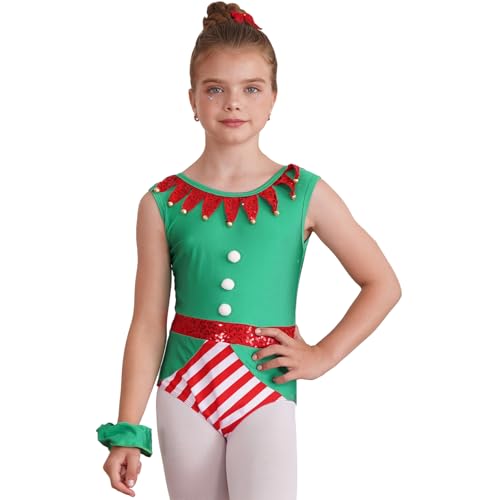 Loodgao Mädchen Weihnachtsbody Elfen Druck Turnanzug Ärmellos Gymnastikanzug mit Haargummi Kinder Tanzbekleidung Weihnachten Tanzkostüm Grün 110-116 von Loodgao