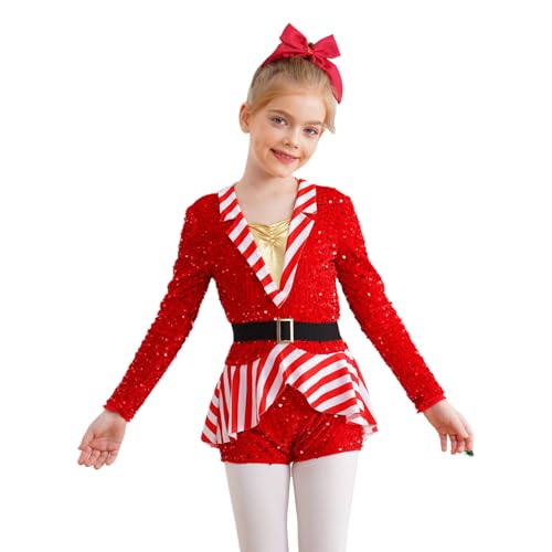 Loodgao Mädchen Weihnachtsoutfit Langarm Pailletten Gymnastik Turn Leotard Eiskunstlauf Ballett Tanz Trikot Miss Santa Zuckerstangen Kostüm Rot 110-116 von Loodgao