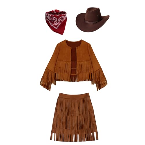 Loodgao Mädchen Western Cowgirl Kostüm Vintage Retro Fransen Top Shirts und Quaste Rock mit Cowboyhut Bandage Halstuch Cosplay Outfits Braun 122-128 von Loodgao