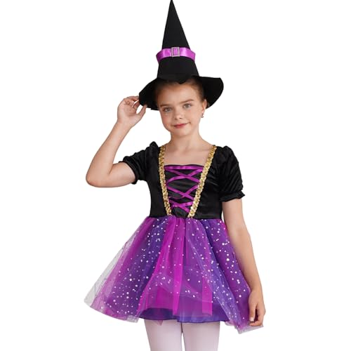 Loodgao Mädchen Zauberer Kostüm Festliche Tutu Kleider mit Zaubererhut Gothic Mittelalter Prinzessin Cosplay Outfits Party Festzug Outfits Lila & Rosenrot 98-104 von Loodgao