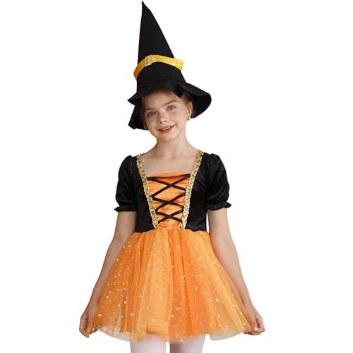 Loodgao Mädchen Zauberer Kostüm Festliche Tutu Kleider mit Zaubererhut Gothic Mittelalter Prinzessin Cosplay Outfits Party Festzug Outfits Orange 122-128 von Loodgao