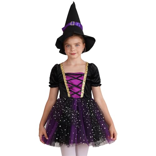 Loodgao Mädchen Zauberer Kostüm Festliche Tutu Kleider mit Zaubererhut Gothic Mittelalter Prinzessin Cosplay Outfits Party Festzug Outfits Violett 122-128 von Loodgao