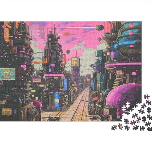 Whimsical Cityscape 1000-teilige Hochauflösendes Druck Pink City Puzzle Für Erwachsene Herausfordernde 1000-teiliges Schwierige Puzzles 1000 Teile Geschenk Für Heimdekoration 1000pcs (75x50cm) von Loommgger