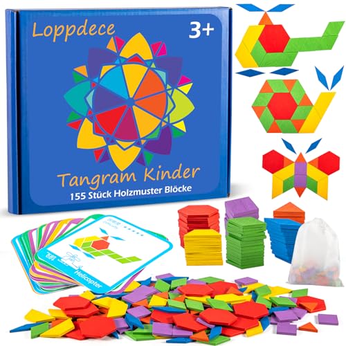 Loppdece 155 Stück Tangram Kinder,Tangram Puzzle Spielzeug,Kinder Geometrische Formen HolzPuzzles,Montessori Spielzeug Puzzle mit 24 Designkarten Für Kinder Mädchen Jungen ab 3 Jahr von Loppdece