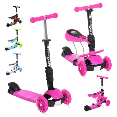 Lorelli Kinderroller ab 3 Jahre mit Sitz, Scooter Kinder Roller Smart faltbar, Kinderscooter, Dreiradscooter, blinkende PU Räder, einstellbare Lenkerhöhe, Faltbarer Lenker, leicht und stabil, pink von Lorelli