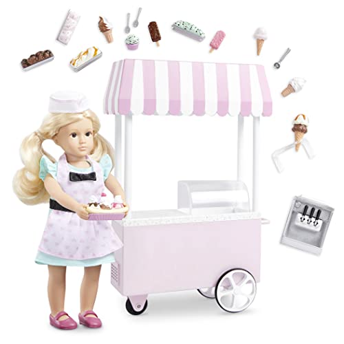 Lori – Kleine Puppe & Eisstand – 15 cm Mini Puppe mit blonden Haaren – mit Puppenzubehör & Puppenkleidung – Waffeln, Softeis, Eis am Stiel – Spielzeug für Kinder ab 3 Jahren – Evelinas Eiswagen von Lori