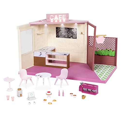 Lori Café Set Zubehör für 15 cm Puppen – Puppenhaus mit Puppenzubehör, Möbel, Theke, Essen, Kaffeemaschine, Tische, Stühle – Spielzeug für Kinder ab 3 Jahre von Lori