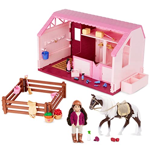 Lori LO37084C1Z Pferdestall, Pferd und 15 cm Puppe Philippa Set mit Zubehör – Scheune mit Puppenzubehör, Sattel, Zäune, Futter und mehr – Puppenhaus Spielzeug für Kinder ab 3 Jahre (41 Teile), Bunt von Lori