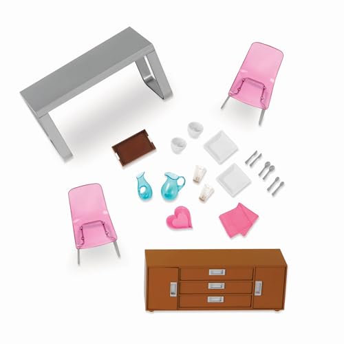 Lori LO37093Z Moderna Dining Esszimmer-Set für Mini Puppenhausmöbel für 15 cm große Puppen – Tisch, Stühle, Zubehör – Spielzeug für Kinder – Ab 3 Jahren, Transparent von Lori