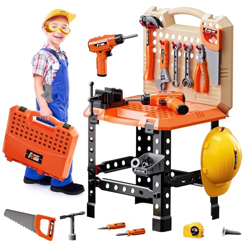 Losbenco Kinder Werkzeugkoffer Set – 90PCS kinderwerkzeug mit realistischer Elektrobohrmaschine, STEM Konstruktionsspielzeug für Kleinkinder, Geschenk für Junge Mädchen von Losbenco