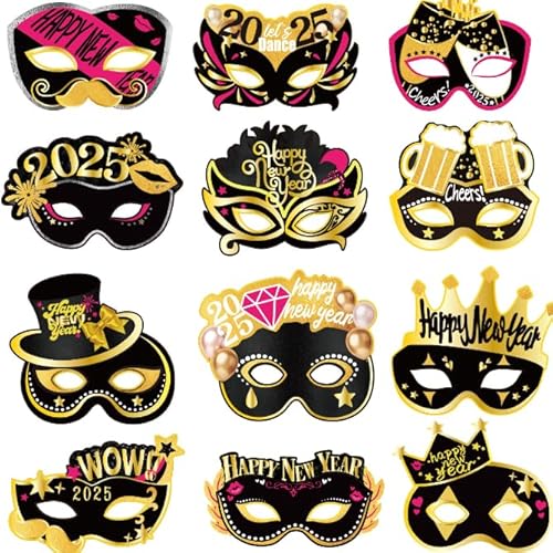 Losuya 12 Stück 2025 Happy New Year Papiermasken für 2025 Silvester Party Maske Abschlussball Kostüm Party Supplies von Losuya