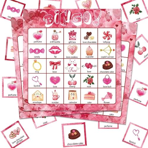 Losuya 24 Stück Valentine Bingo-Karten Valentinstag Bingo-Spiele Valentinstag Party Zubehör für Klassenzimmer Schule Familie Große Gruppen Aktivität Gastgeschenke von Losuya