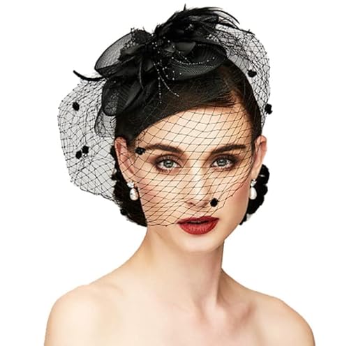 Losuya Fascinator mit Schleife, Federn, Schleier, Netz-Stirnband, Hut für Damen, Dekorationen, Schwarz , Medium von Losuya