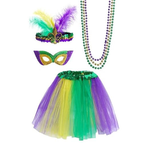 Losuya Mardi Gras Costume Accessory Set Tutu Skirt, Faux Feather Headband, Mask,Mardi Gras Beads for Women and Girls Mardi Gras Party Decorations von Losuya