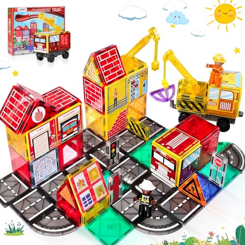 Magnetische Fliesen Road Set mit 2 Wasserhähnen und doppelseitigen Magnetfliesen, Jungen Spielzeug für Kinder 3-5 5-7 8-12, STEM Magnetisches Bauspielzeug inklusive Auto, Stationen, Puppen, Straßen, von Lotmey