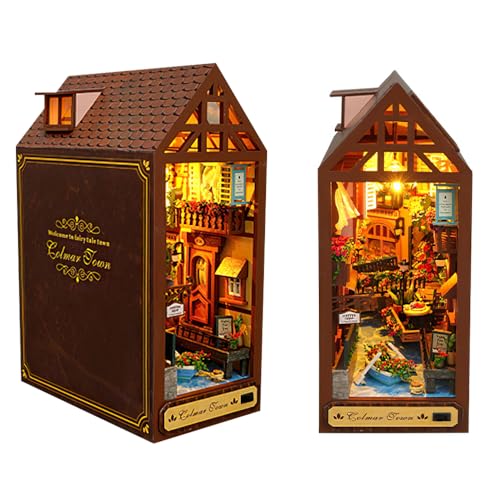 Lotvic 3D Holz Puzzle Buchstütze, Book Nook DIY Kit, Booknook Häuser Modellbausätze mit LED-Licht, PuppenhäUser Miniatur Haus Kit, Kreativität Geschenk für Unisex Erwachsene zum Bauen von Lotvic