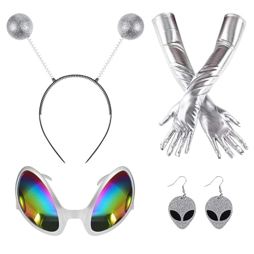 Lotvic Alien Kostüm Set, 4-Teiliges Alien Kostüm Damen Space Kostüm, Alien Kostüm Damen Space Kostüm, Alien Haarreif Alien Brille, Alien Kostümzubehör Set für Karneval Halloween Cosplay Maskerade von Lotvic