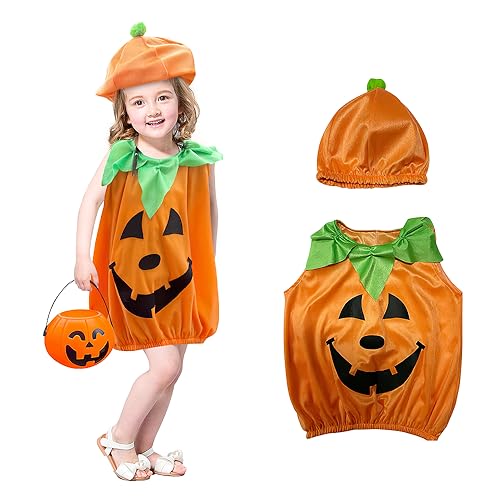 Lotvic Baby Kürbis Kostüm, Halloween Kostüm Kinder, Halloween Kostüm Baby, Halloween Kostüm Kürbis Kinder, Halloween Kostüme Cosplay für Baby, Jungen Mädchen, Weste, Hut und Kürbistasche von Lotvic