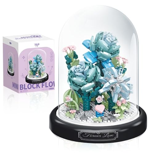 Lotvic Blumen Bausteine Set, Blaue Rose Blumenstrauß mit Schutzhülle, Mini Baustein Set, Kunstpflanzen Bausteine für Erwachsene, Blumen Bauspielzeugset, Home und Zimmer Deko, 522 PCS von Lotvic