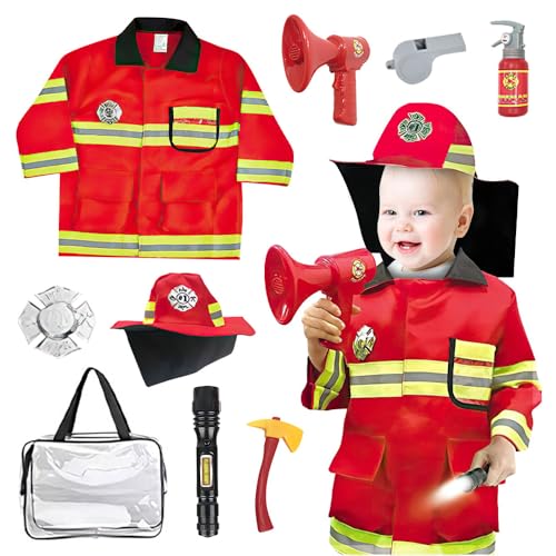 Lotvic Feuerwehr Kostüm Kinder, Kinder Feuerwehr Rollenspiel Set, Waschbares Feuerwehrmann Kostüm Kinder, Feuerwehrchef Cosplay für Kinder Jungen Mädchen Karneval Halloween Fasching 3-8 Jahren von Lotvic