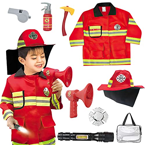 Lotvic Feuerwehrmann Kostüm, Kinder Feuerwehr Rollenspiel Set, Waschbares Kostüm Feuerwehrmann Kinder, mit Feuerlöscher Feuerwehrhelm Feuerwehrmann Spielzeug für Karneval, Fasching, Mottoparty von Lotvic