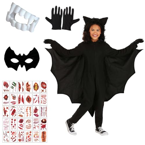 Lotvic Fledermaus Kostüm Kinder, Fledermauskostüm Vampir Kinder, Kostüm Kinder Fledermaus mit 2x Vampirzähne, Fledermaus Maske, 30x Tattoo-Aufkleber, für Halloween, Fasching, Karneval von Lotvic