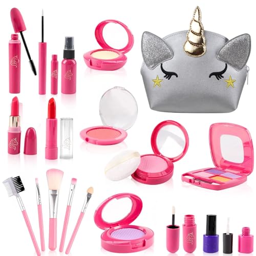 Lotvic Kinderschminke Set, 20 Stücke Kinderschminke Set Mädchen, Schminke Kinder Make Up Set, Mädchen Kinder Schminkset mit Silber Einhorn Tasche für Mädchen 3-12 Jahre (Kein Echtes Makeup) von Lotvic