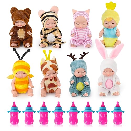 Lotvic Mini Babypuppen, 8 Stück Mini Reborn Puppen, Babypuppen Zubehör Set mit 8 Nuckelflasche, 4 Zoll Reborn Baby Dolls Newborn, Newborn Reborn Baby, Miniatur Puppenspielzeug für Kinder Mädchen von Lotvic