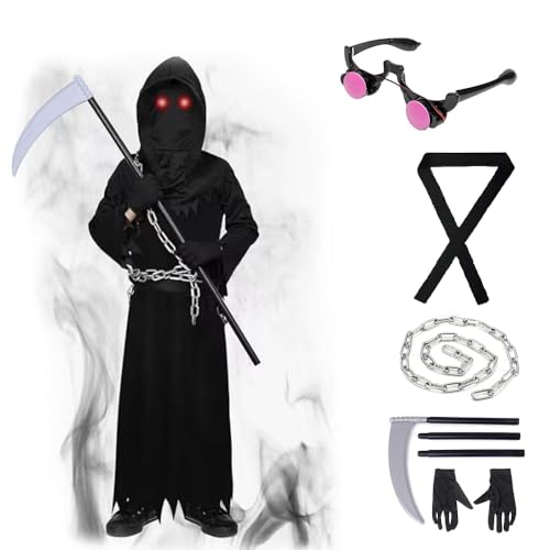 Lotvic Sensenmann Kostüm, 7 Pcs Kostüm Kinder Sensenmann, Halloween Kostüm Kinder mit Robe Maske Sense, Brille Handschuhe Kette Gürtel, Halloween Sensenmann Kostüm für Halloween, Cosplay, Karneval von Lotvic