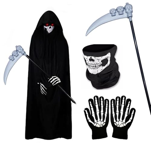 Lotvic Sensenmann Kostüm, Halloween Kostüm Set, Halloween Sensenmann Kostüm Set, Halloween Kostüm Erwachsene Umhang mit Kapuze Sense Schädelmaske Handschuhen für Halloween Dekoration, Cosplay,Karneval von Lotvic