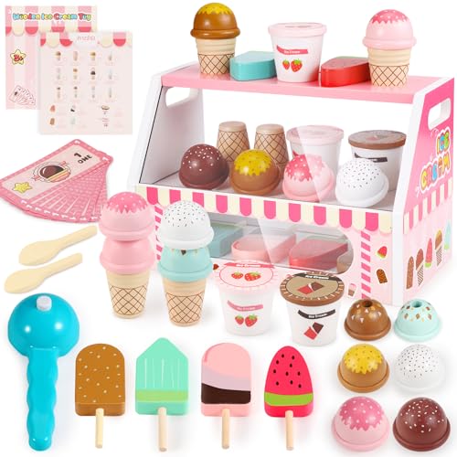 Eisdiele Eisladen EIS Holzspielzeug für Kinder Eiscreme Einkaufsladen Kinderküche Zubehör mit Spielgeld, Eistheke Eisverkauf Kaufmannsladen Zubehör Holz Geschenk Mädchen 3 4 5 6 Jahren von Lovchil