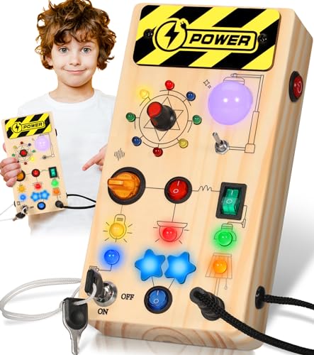 Lovchil Montessori Spielzeug Busy Board Activity Board Sensorik Spielzeug Holzspielzeug Geschenk Lernspielzeug Motorikbrett ab 1 2 3 4 5 Jahr mit LED Lichtschalte von Lovchil