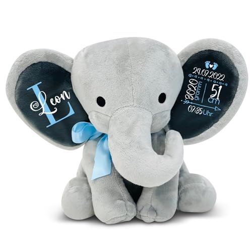 Love Faith - Kuscheltier Grauer Elefant mit Blauer Schleife - personalisiertes Baby-Plüschtier - perfekte Geschenkidee zum Geburtstag, Taufe oder Geburt von Love Faith