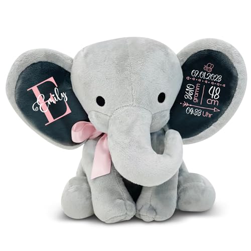 Love Faith - Kuscheltier Grauer Elefant mit rosa Schleife - personalisiertes Baby-Plüschtier - perfekte Geschenkidee zum Geburtstag, Taufe oder Geburt von Love Faith