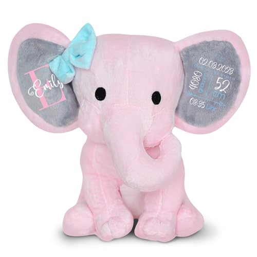 Love Faith - Kuscheltier Pinker Elefant mit rosa Schleife - personalisiertes Baby-Plüschtier - perfekte Geschenkidee zum Geburtstag, Taufe oder Geburt von Love Faith