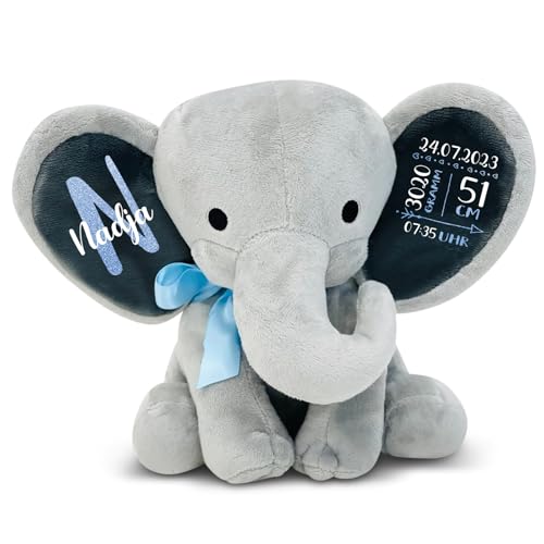 Love Faith - Personalisierbarer Kuschel-Elefant mit wählbarer Schriftfarbe - Individuelles Baby-Plüschtier zur Geburt, Taufe oder Geburtstag für Mädchen und Jungen (Grau mit Blauer Schleife) von Love Faith