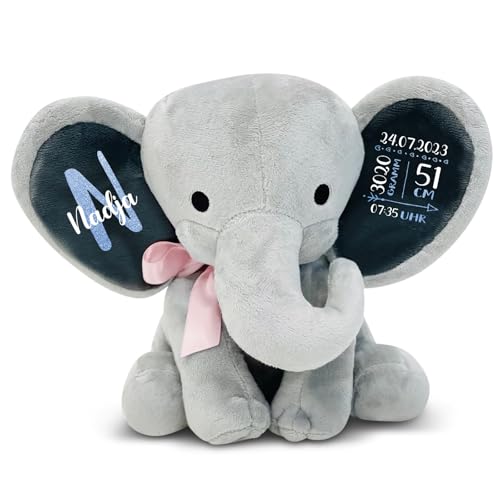 Love Faith - Personalisierbarer Kuschel-Elefant mit wählbarer Schriftfarbe - Individuelles Baby-Plüschtier zur Geburt, Taufe oder Geburtstag für Mädchen und Jungen (Grau mit rosa Schleife) von Love Faith