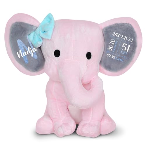 Love Faith - Personalisierbarer Kuschel-Elefant mit wählbarer Schriftfarbe - Individuelles Baby-Plüschtier zur Geburt, Taufe oder Geburtstag für Mädchen und Jungen (Rosa) von Love Faith