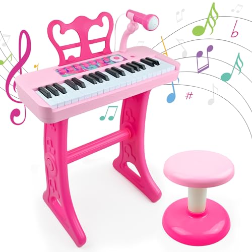 Love&Mini Kinder Klaviertastatur Spielzeug - 37 Tasten Klavier Spielzeug mit Hocker und Mikrofon Rosa Elektronisches Musikinstrument, Weihnachten Geburtstag Geschenk für Kinder 3 4 5 6 7 8 Jahre alt von Love&Mini